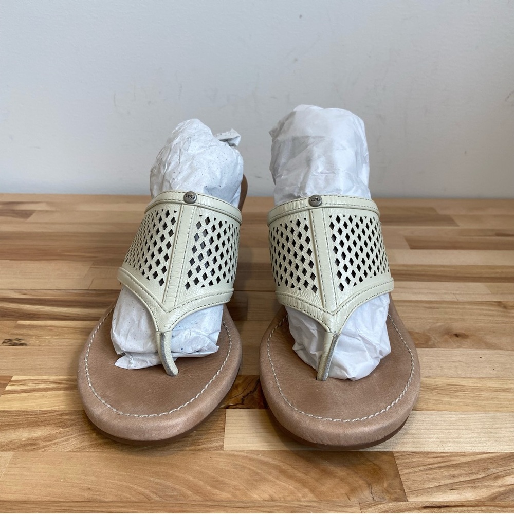 UGG wedge sandals cream tan wedges perfored slip on leather upper rubber sole 5